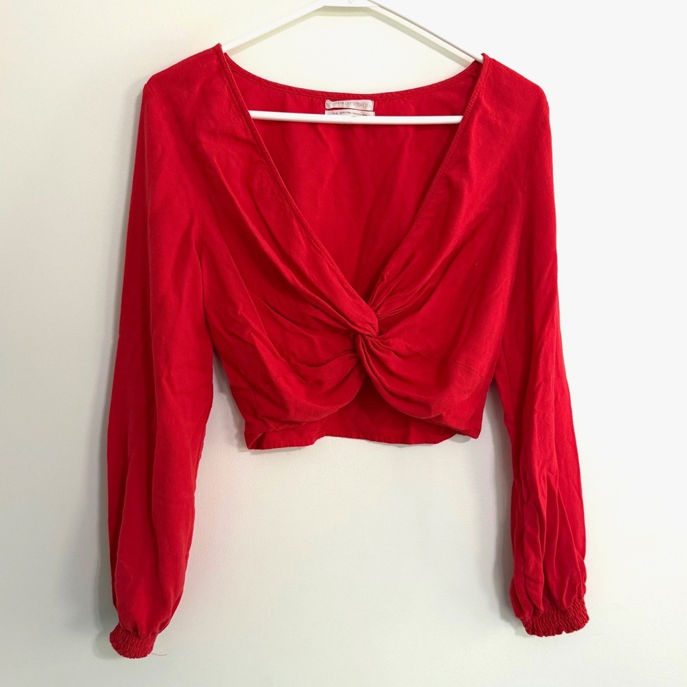 Urban Outfitters Red Wrap Front Long Sleeve Crop Shirt